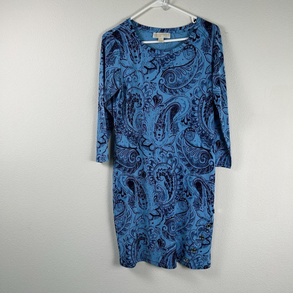 Michael Kors Dress‎ Womens Size S Blue Black Paisley Shift Button Detail Stretch